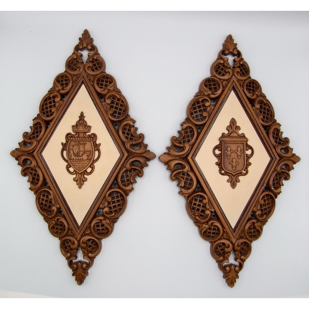 Vintage Syroco Diamond Wall Art Set Faux‎ Wood Crest Shield Wall Plaques